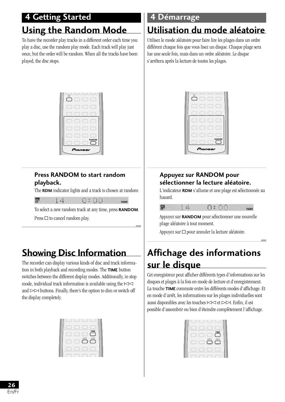 Using the random mode showing disc information, Showing disc information, Using the random mode | Affichage des informations sur le disque, Utilisation du mode aléatoire, 4 getting started 4 démarrage, Press random to start random playback | Pioneer PDR-L77 User Manual | Page 26 / 122