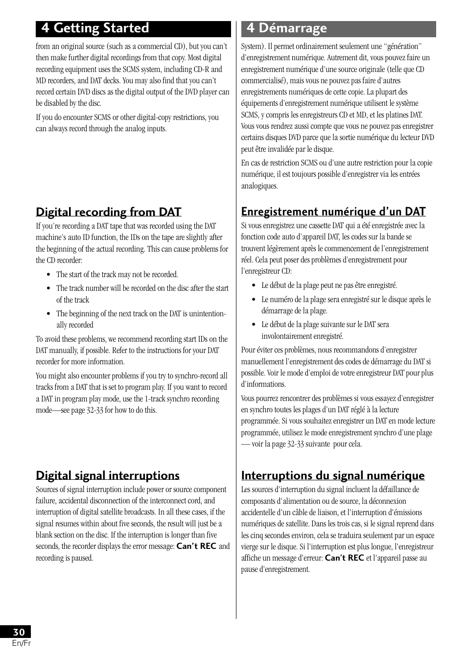 4 getting started 4 démarrage, Enregistrement numérique d’un dat, Interruptions du signal numérique | Digital recording from dat, Digital signal interruptions | Pioneer PDR-L77 User Manual | Page 30 / 122