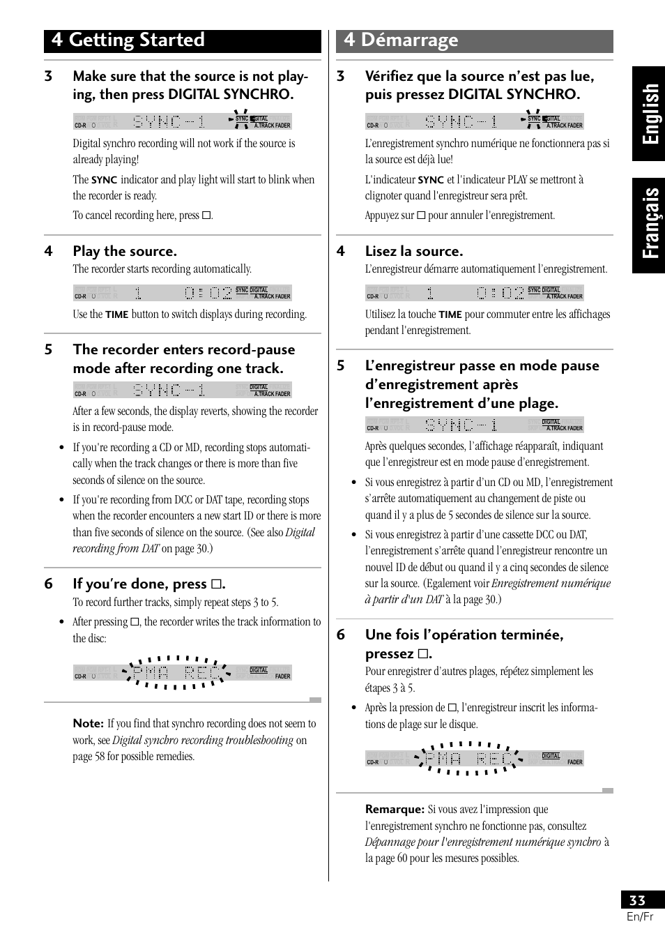 4 getting started 4 démarrage, English français, 4play the source | 6if you're done, press, 4lisez la source, 6une fois l’opération terminée, pressez, The recorder starts recording automatically, Use the, Button to switch displays during recording, Utilisez la touche | Pioneer PDR-L77 User Manual | Page 33 / 122