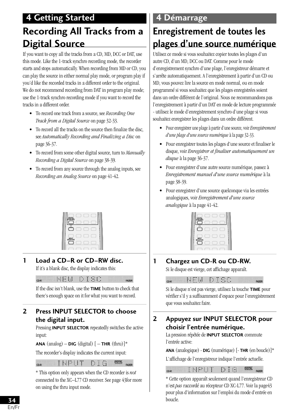Recording all tracks from a digital source, 4 getting started 4 démarrage, 1load a cd–r or cd–rw disc | 2press input selector to choose the digital input, 1chargez un cd-r ou cd-rw, If it’s a blank disc, the display indicates this, If the disc isn’t blank, use the, Pressing, Repeatedly switches the active input, Analog) | Pioneer PDR-L77 User Manual | Page 34 / 122