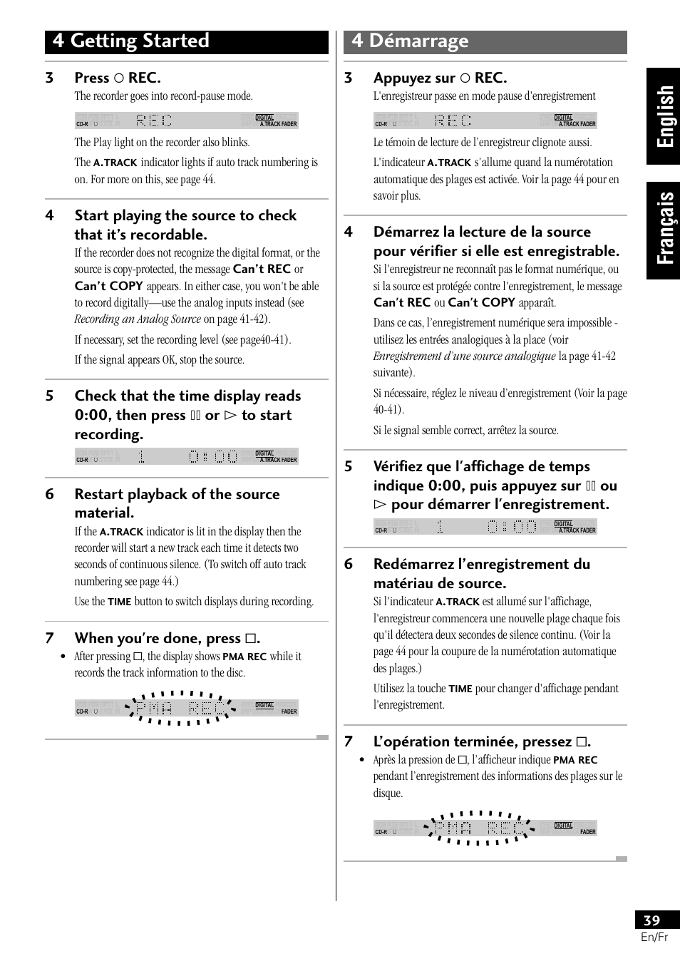 4 getting started 4 démarrage, English français, 3press ‡ rec | 6restart playback of the source material, 7when you're done, press, 3appuyez sur ‡ rec, 6redémarrez l’enregistrement du matériau de source, 7l’opération terminée, pressez | Pioneer PDR-L77 User Manual | Page 39 / 122