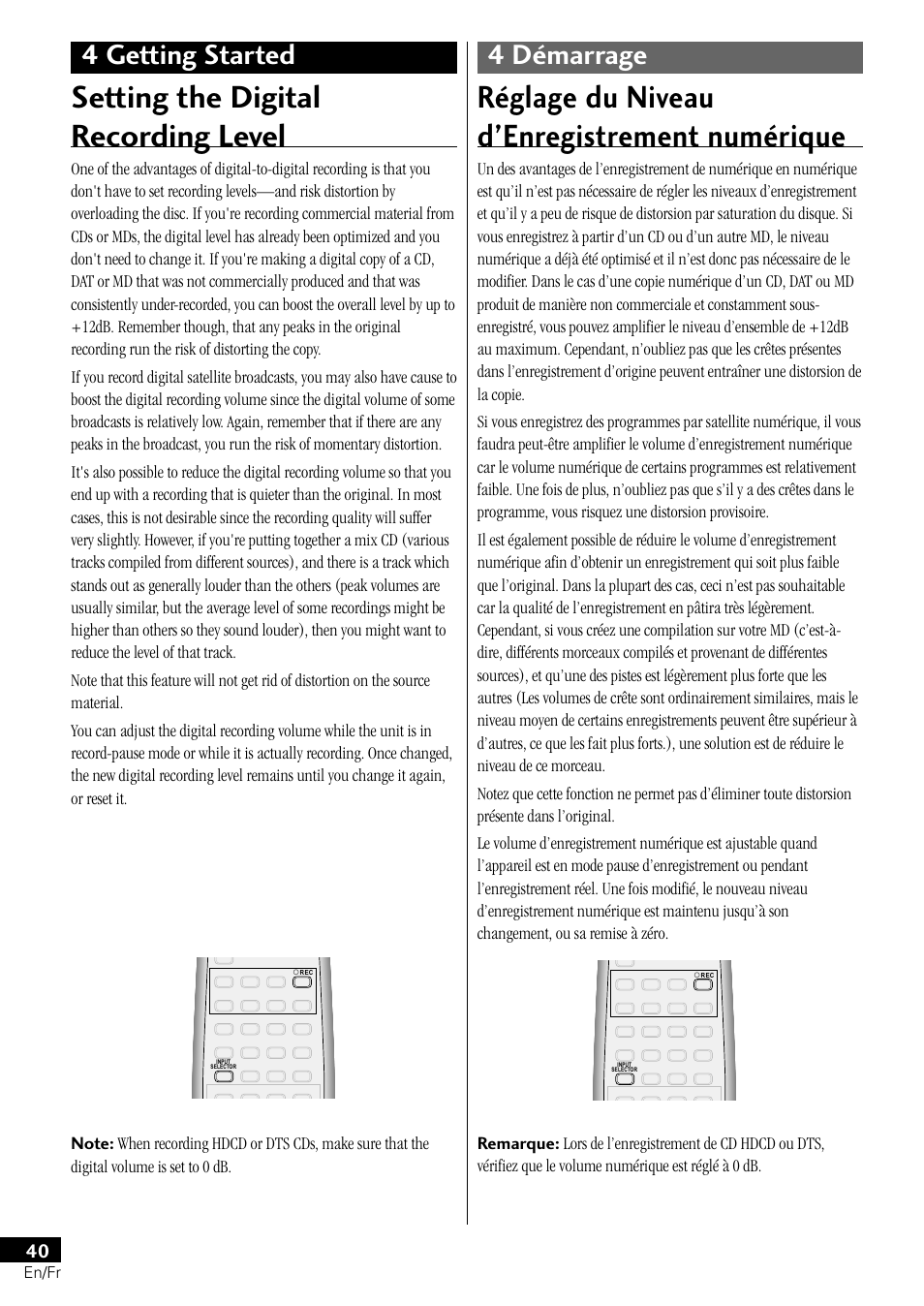 Setting the digital recording level, Réglage du niveau d’enregistrement numérique, 4 getting started 4 démarrage | Pioneer PDR-L77 User Manual | Page 40 / 122