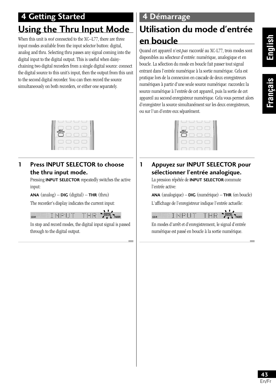 Using the thru input mode, Utilisation du mode d'entrée en boucle, 4 getting started 4 démarrage | English français | Pioneer PDR-L77 User Manual | Page 43 / 122