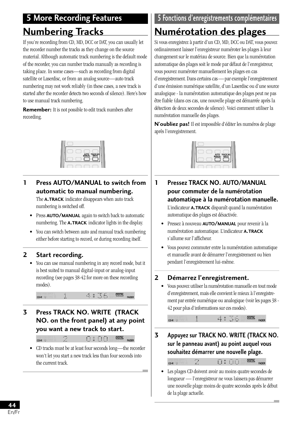 Numbering tracks, Numérotation des plages, 2start recording | 2démarrez l’enregistrement, Again to switch back to automatic numbering. the, L’indicateur | Pioneer PDR-L77 User Manual | Page 44 / 122