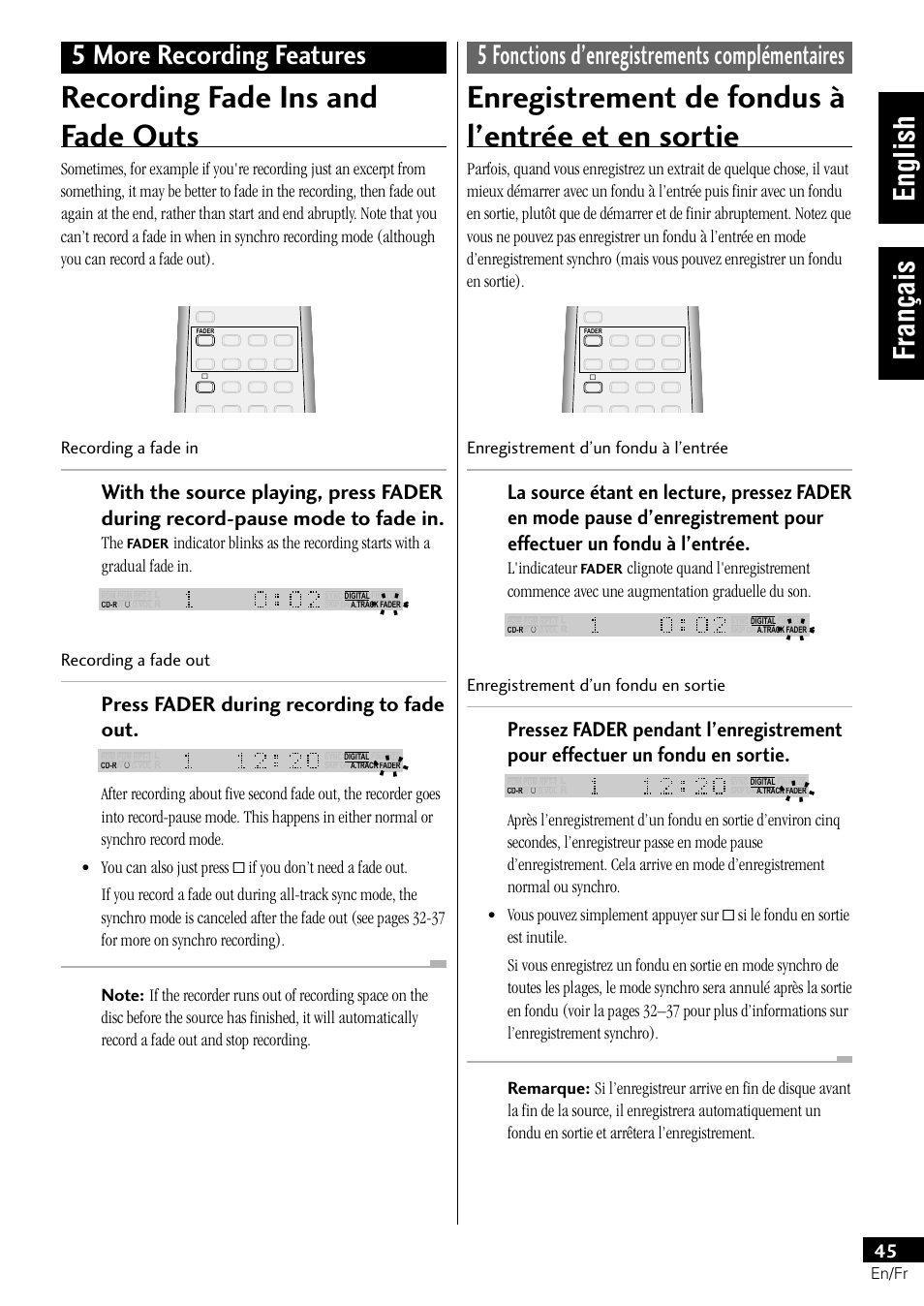 Recording fade ins and fade outs, Enregistrement de fondus à l’entrée et en sortie, English français | Press fader during recording to fade out, Recording a fade out, L'indicateur, Enregistrement d’un fondu en sortie | Pioneer PDR-L77 User Manual | Page 45 / 122