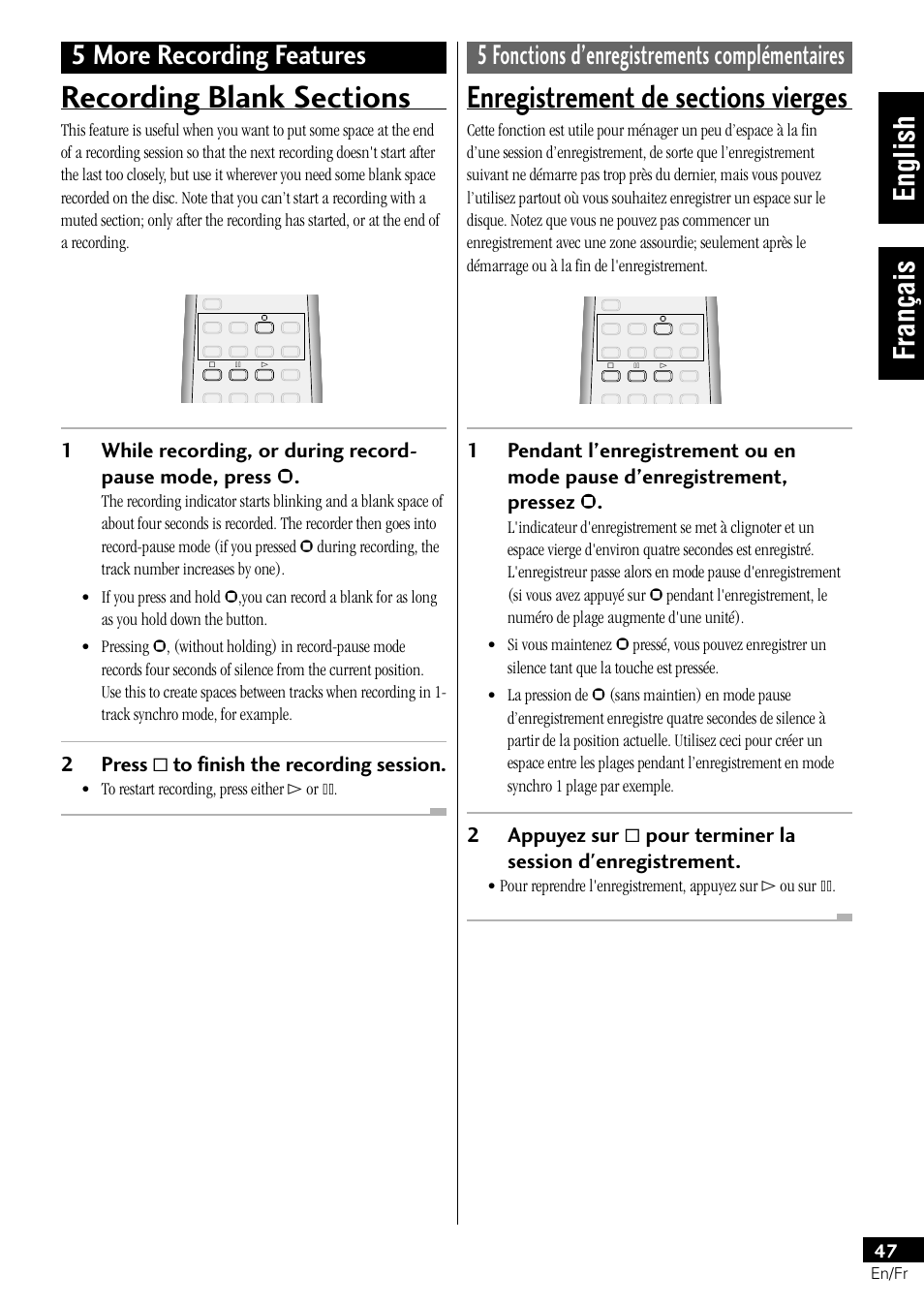 Recording blank sections, Enregistrement de sections vierges, English français | Pioneer PDR-L77 User Manual | Page 47 / 122