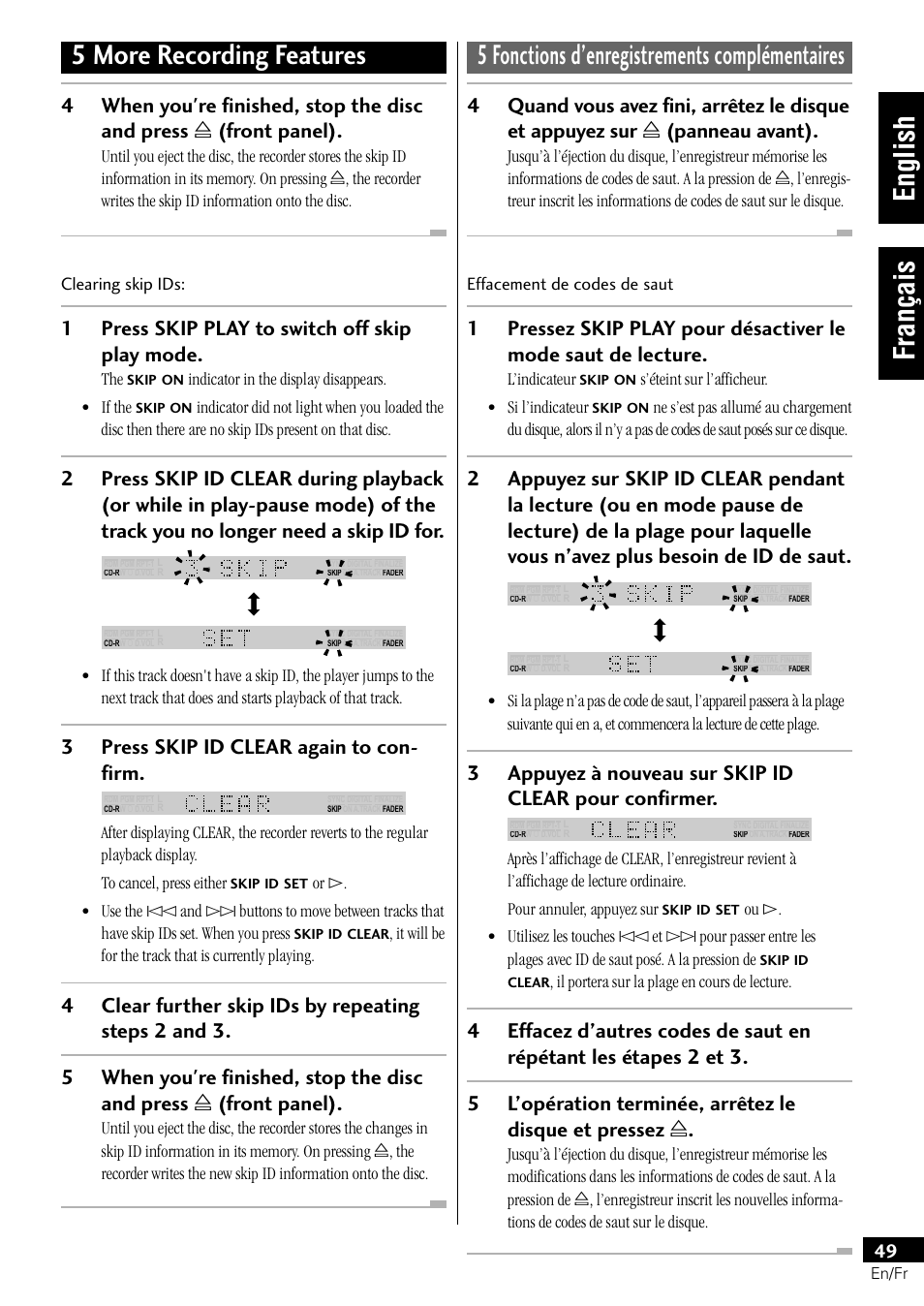 English français, 1press skip play to switch off skip play mode, 3press skip id clear again to con- firm | Pioneer PDR-L77 User Manual | Page 49 / 122