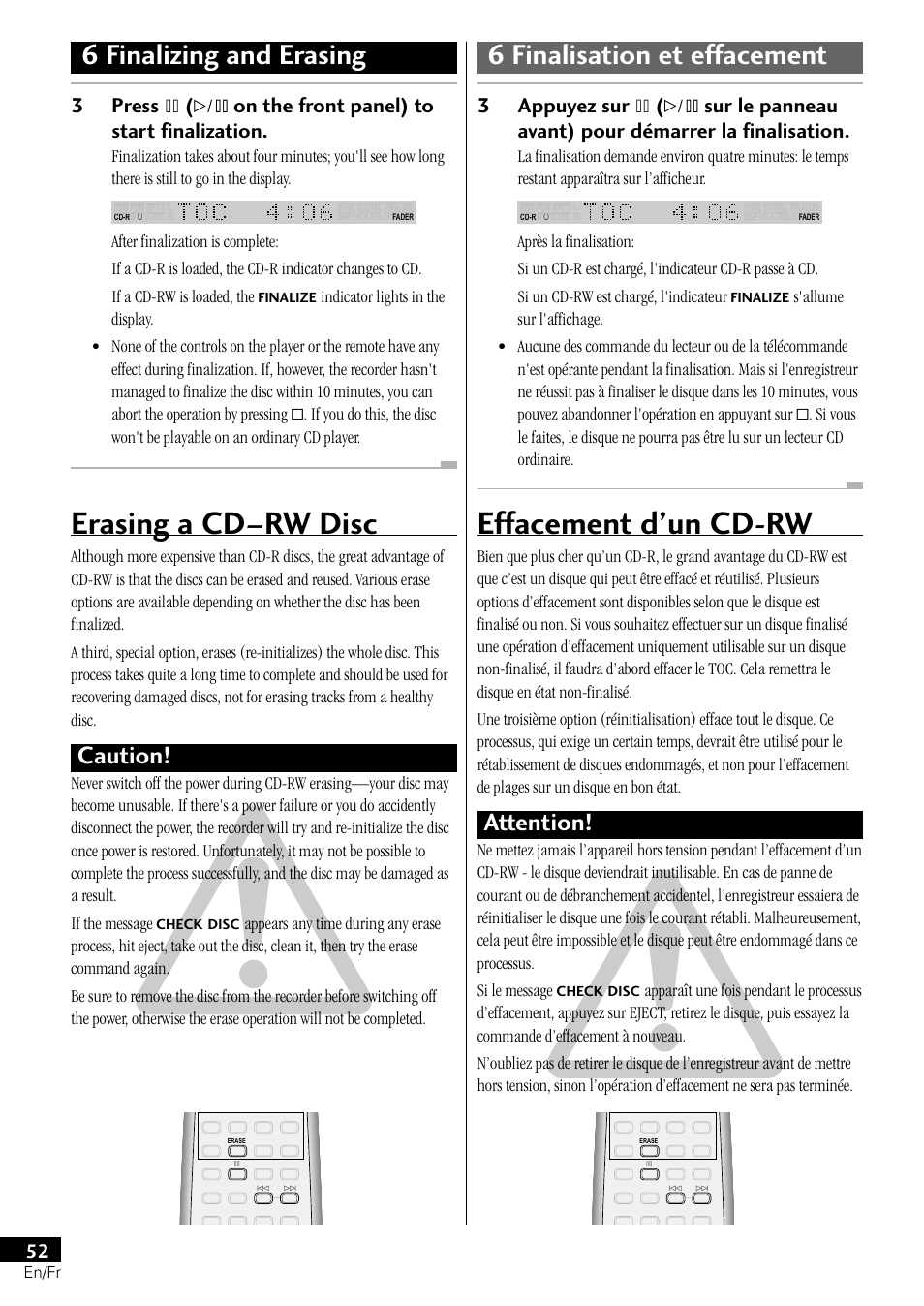 Erasing a cd–rw disc, Effacement d’un cd-rw, Caution | Attention | Pioneer PDR-L77 User Manual | Page 52 / 122