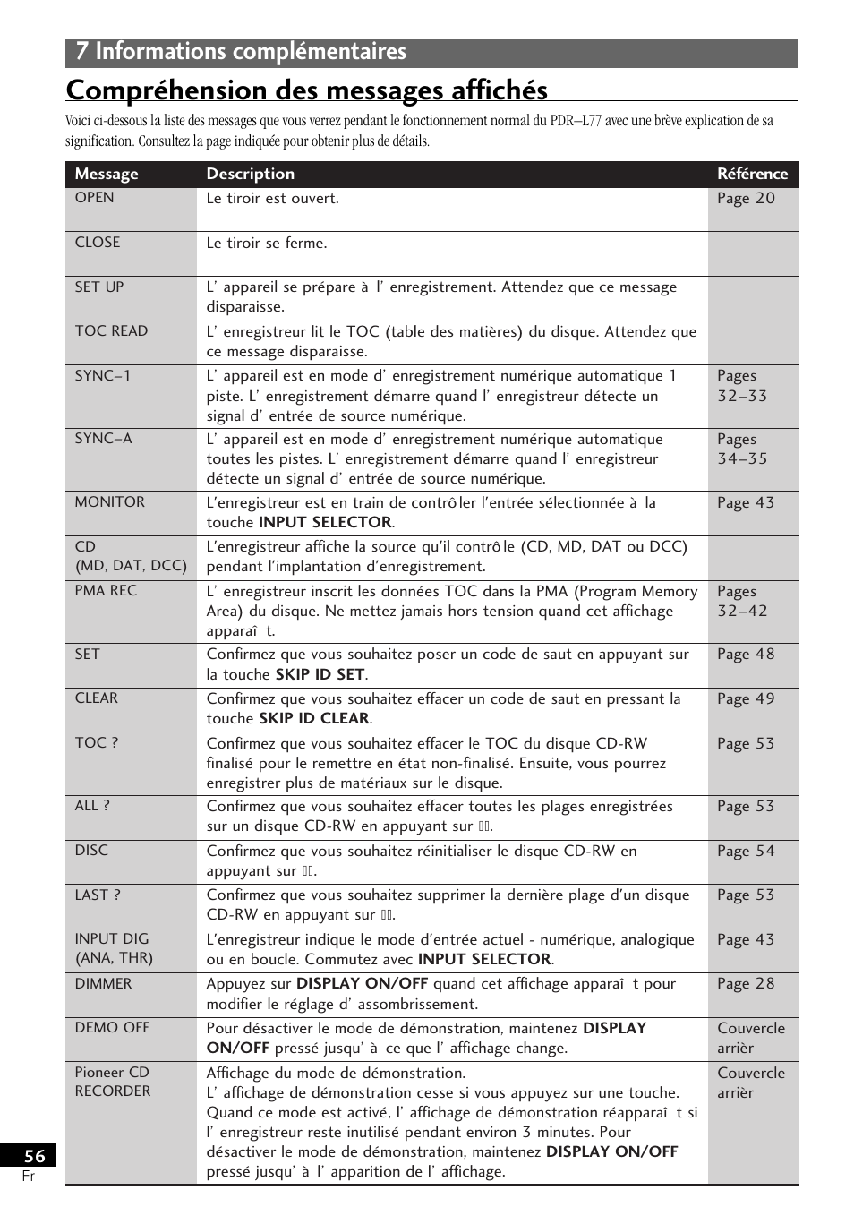 Compréhension des messages affichés, 7 informations complémentaires | Pioneer PDR-L77 User Manual | Page 56 / 122