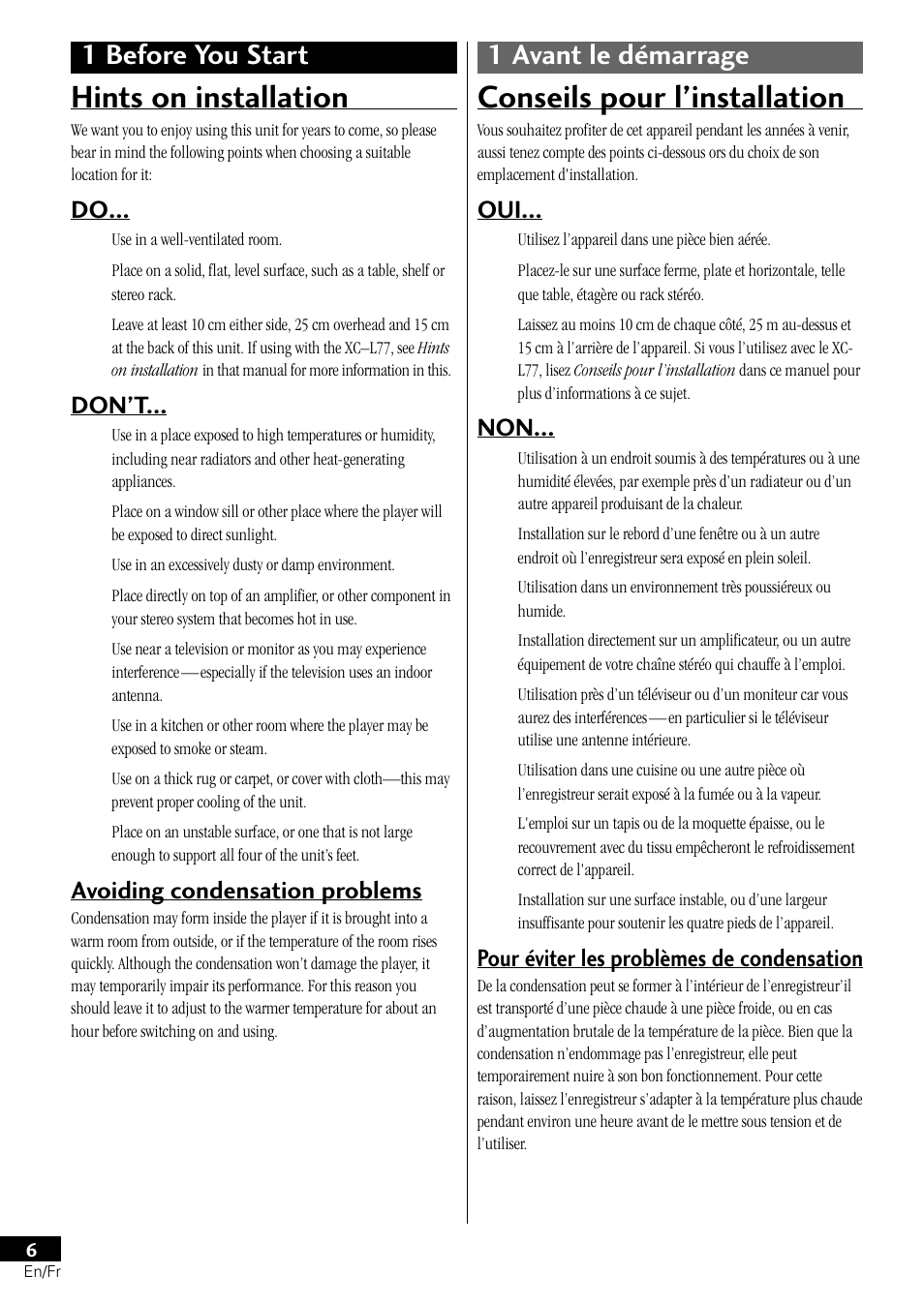 Hints on installation, Conseils pour l’installation, 1 before you start 1 avant le démarrage | Don’t, Avoiding condensation problems, Pour éviter les problèmes de condensation | Pioneer PDR-L77 User Manual | Page 6 / 122