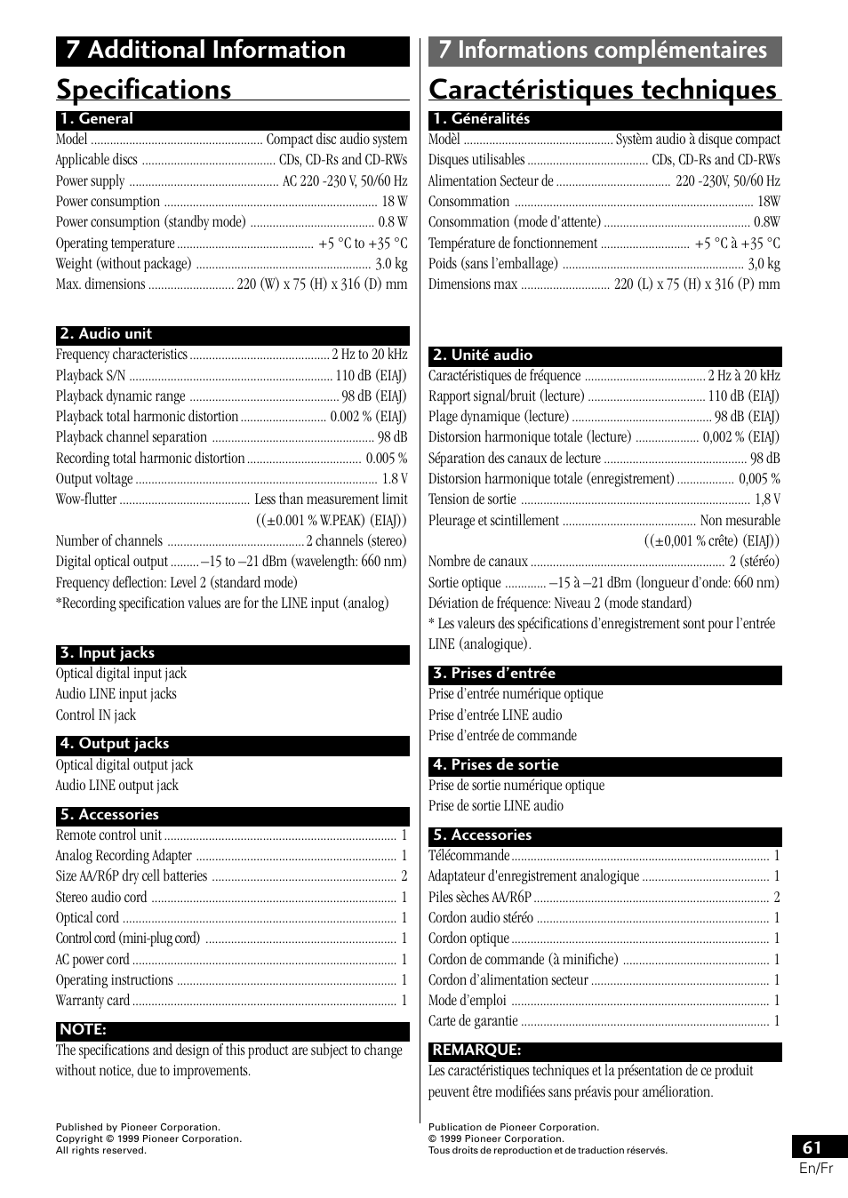 Specifications, Caractéristiques techniques | Pioneer PDR-L77 User Manual | Page 61 / 122