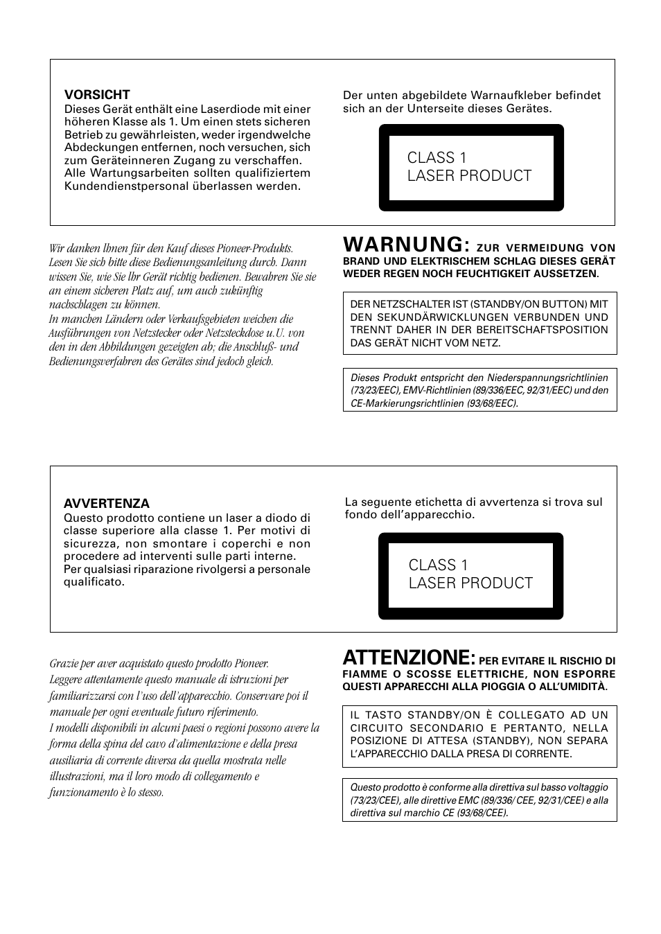 Warnung, Attenzione, Class 1 laser product | Pioneer PDR-L77 User Manual | Page 62 / 122