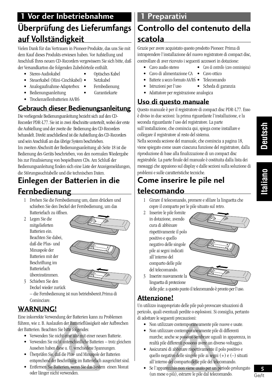 Überprüfung des lieferumfangs auf vollständigkeit, Controllo del contenuto della scatola, Come inserire le pile nel telecomando | Einlegen der batterien in die fernbedienung, Uso di questo manuale, Attenzione, Gebrauch dieser bedienungsanleitung, Warnung | Pioneer PDR-L77 User Manual | Page 65 / 122