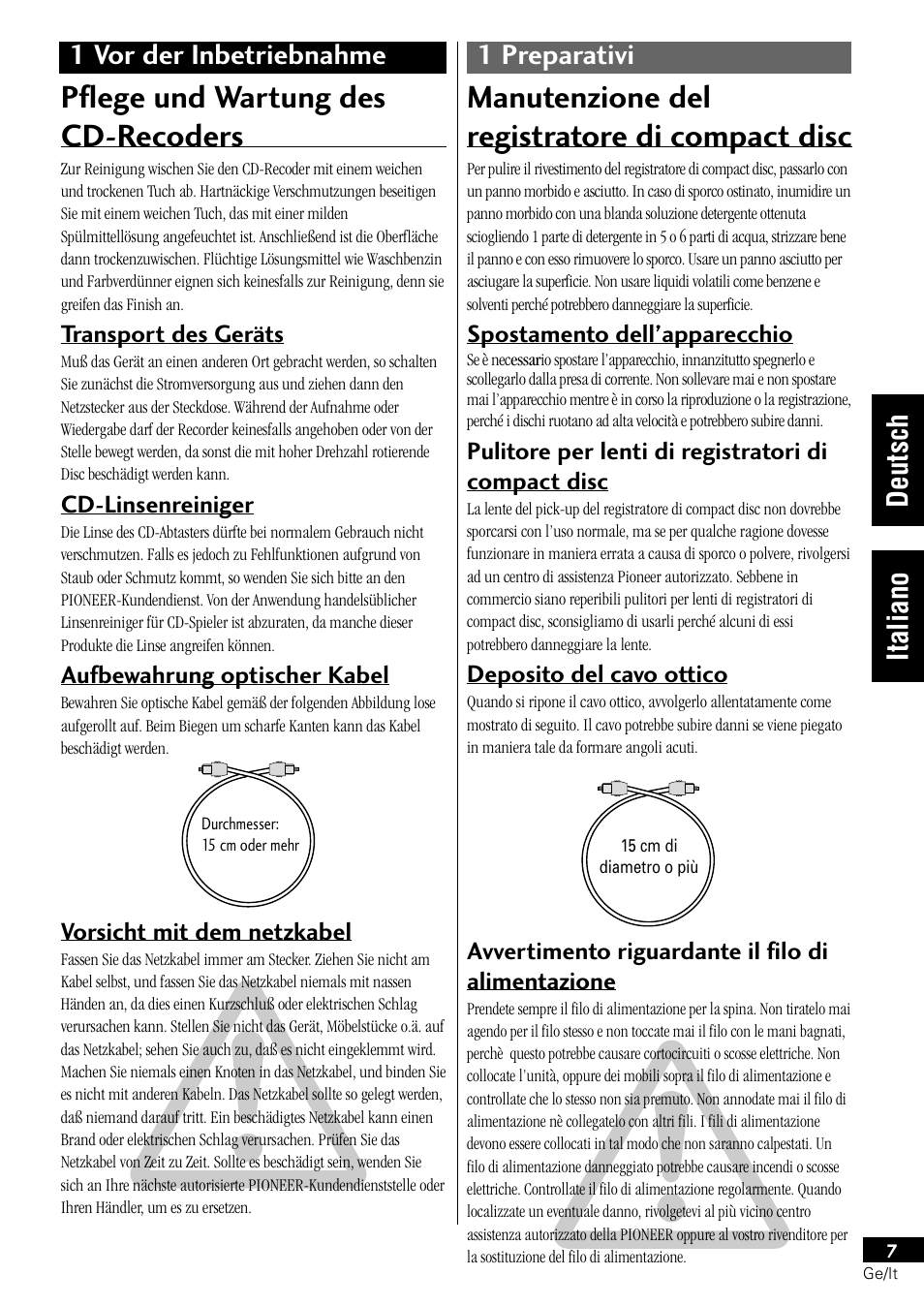 Pflege und wartung des cd-recoders, Manutenzione del registratore di compact disc | Pioneer PDR-L77 User Manual | Page 67 / 122