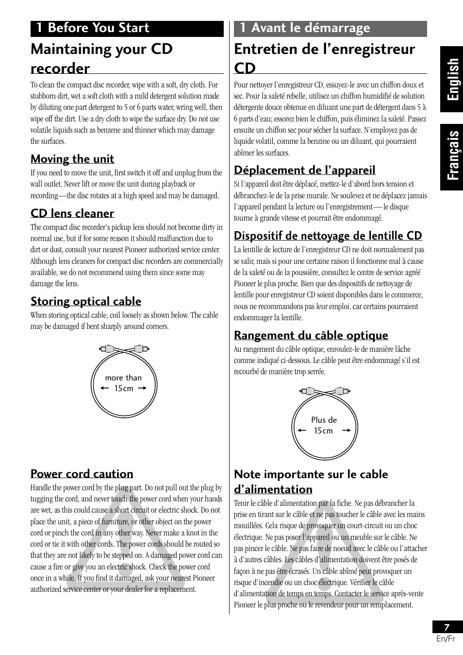 Maintaining your cd recorder, Entretien de l’enregistreur cd, 1 before you start 1 avant le démarrage | English français | Pioneer PDR-L77 User Manual | Page 7 / 122