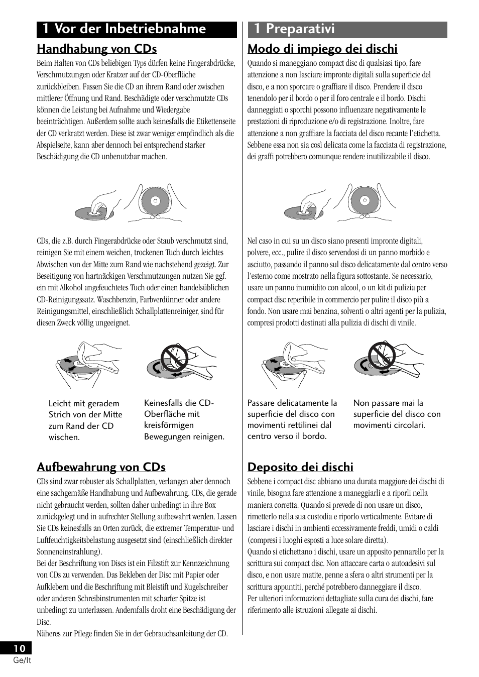 1 vor der inbetriebnahme 1 preparativi, Handhabung von cds, Aufbewahrung von cds | Modo di impiego dei dischi, Deposito dei dischi | Pioneer PDR-L77 User Manual | Page 70 / 122
