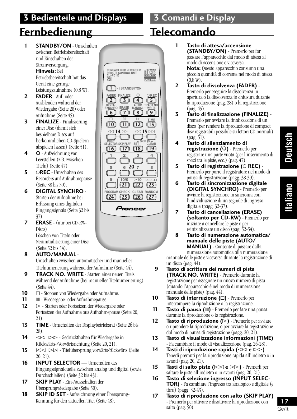 Fernbedienung, Telecomando | Pioneer PDR-L77 User Manual | Page 77 / 122