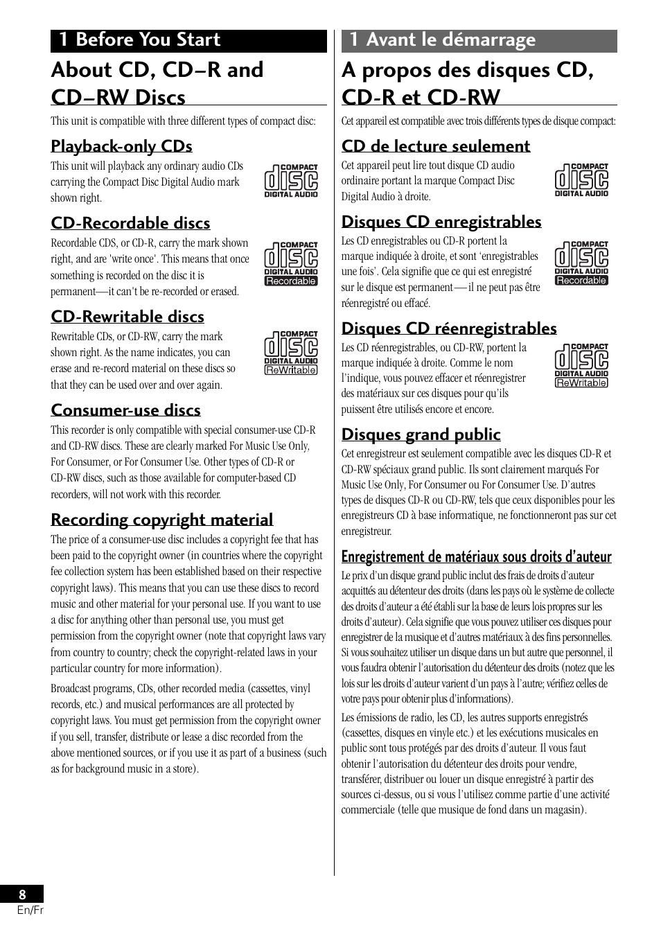 About cd, cd–r and cd–rw discs, A propos des disques cd, cd-r et cd-rw, 1 before you start 1 avant le démarrage | Pioneer PDR-L77 User Manual | Page 8 / 122