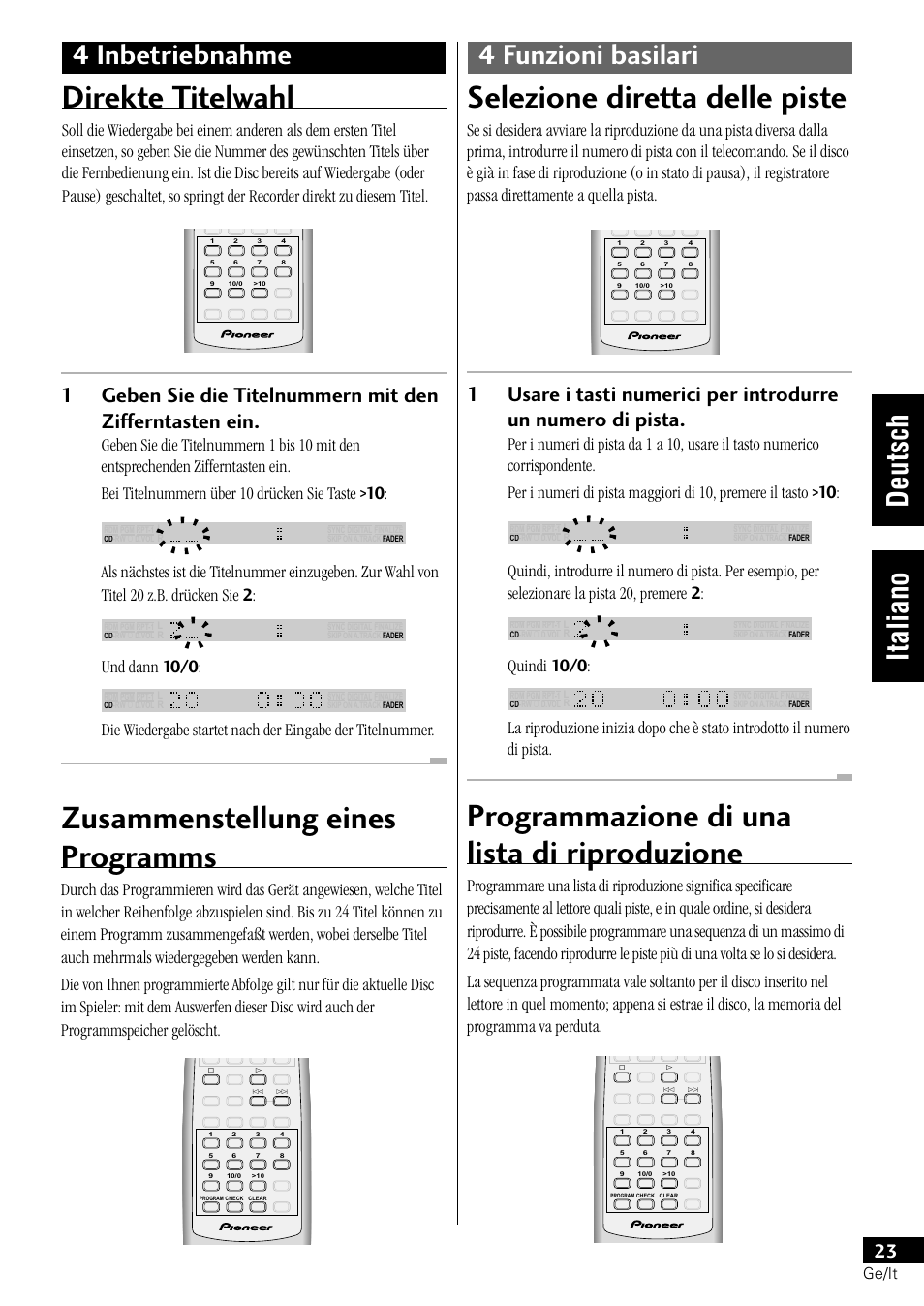 Direkte titelwahl zusammenstellung eines programms, Zusammenstellung eines programms, Direkte titelwahl | Selezione diretta delle piste, Programmazione di una lista di riproduzione, Und dann 10/0, Quindi 10/0, Ge/it | Pioneer PDR-L77 User Manual | Page 83 / 122