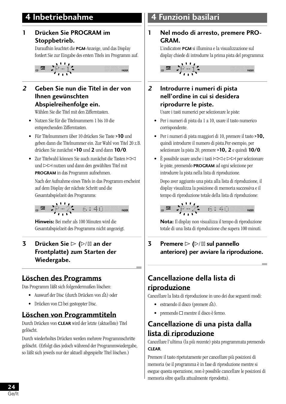 4 inbetriebnahme 4 funzioni basilari, Löschen des programms, Löschen von programmtiteln | Cancellazione della lista di riproduzione, 1drücken sie program im stoppbetrieb | Pioneer PDR-L77 User Manual | Page 84 / 122