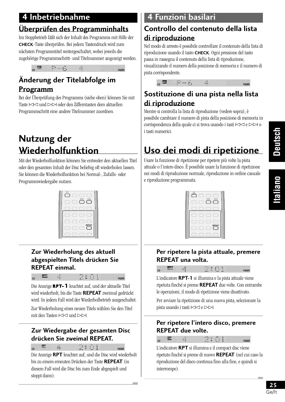 Nutzung der wiederholfunktion, Uso dei modi di ripetizione, Überprüfen des programminhalts | Änderung der titelabfolge im programm, Die anzeige | Pioneer PDR-L77 User Manual | Page 85 / 122