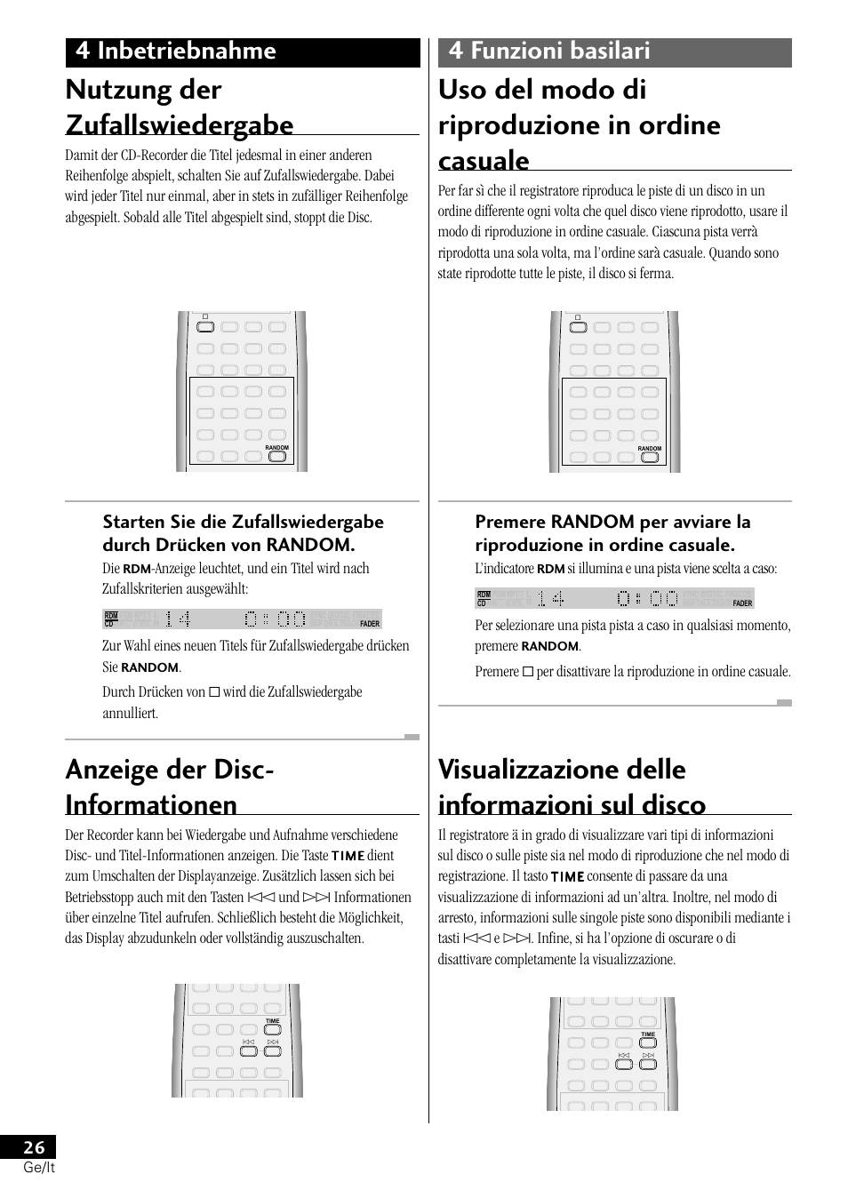 Anzeige der disc- informationen, Nutzung der zufallswiedergabe, Visualizzazione delle informazioni sul disco | Uso del modo di riproduzione in ordine casuale, 4 inbetriebnahme 4 funzioni basilari | Pioneer PDR-L77 User Manual | Page 86 / 122