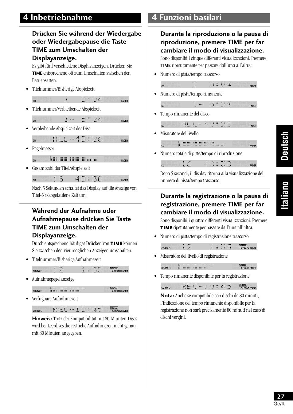 Titelnummer/verbleibende abspielzeit, Verbleibende abspielzeit der disc, Pegelmesser | Gesamtzahl der titel/abspielzeit, Durch entsprechend häufiges drücken von, Aufnahmepegelanzeige, Verfügbare aufnahmezeit, Numero di pista/tempo rimanente, Tempo rimanente del disco, Misuratore del livello | Pioneer PDR-L77 User Manual | Page 87 / 122