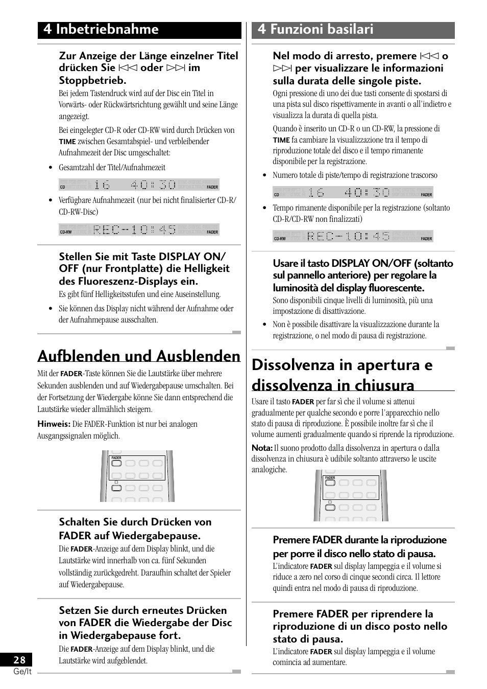 Aufblenden und ausblenden, Dissolvenza in apertura e dissolvenza in chiusura, 4 inbetriebnahme 4 funzioni basilari | Pioneer PDR-L77 User Manual | Page 88 / 122