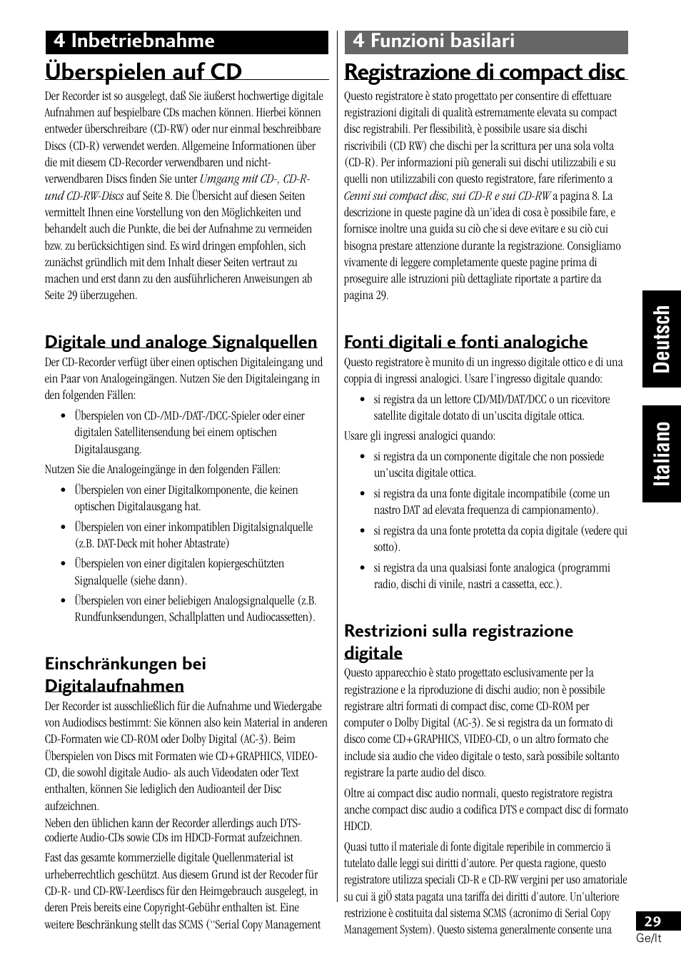 Überspielen auf cd, Registrazione di compact disc, Digitale und analoge signalquellen | Einschränkungen bei digitalaufnahmen, Fonti digitali e fonti analogiche, Restrizioni sulla registrazione digitale | Pioneer PDR-L77 User Manual | Page 89 / 122