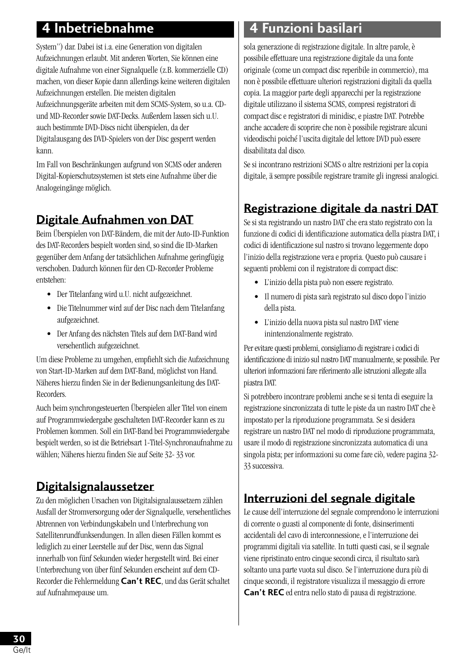 4 inbetriebnahme 4 funzioni basilari, Registrazione digitale da nastri dat, Interruzioni del segnale digitale | Digitale aufnahmen von dat, Digitalsignalaussetzer | Pioneer PDR-L77 User Manual | Page 90 / 122