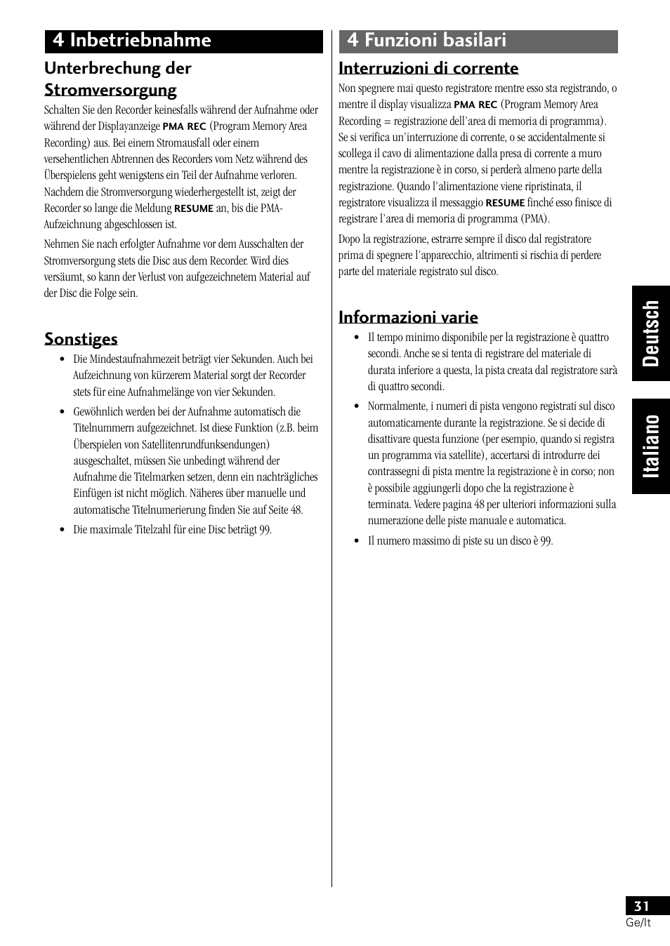 Unterbrechung der stromversorgung, Sonstiges, Interruzioni di corrente | Informazioni varie | Pioneer PDR-L77 User Manual | Page 91 / 122