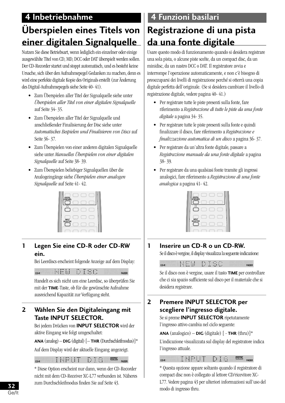 Registrazione di una pista da una fonte digitale, 4 inbetriebnahme 4 funzioni basilari, 1legen sie eine cd-r oder cd-rw ein | 1inserire un cd-r o un cd-rw, Analog), Digital), Se il disco non è vergine, usare il tasto, Analogico), Digitale) | Pioneer PDR-L77 User Manual | Page 92 / 122