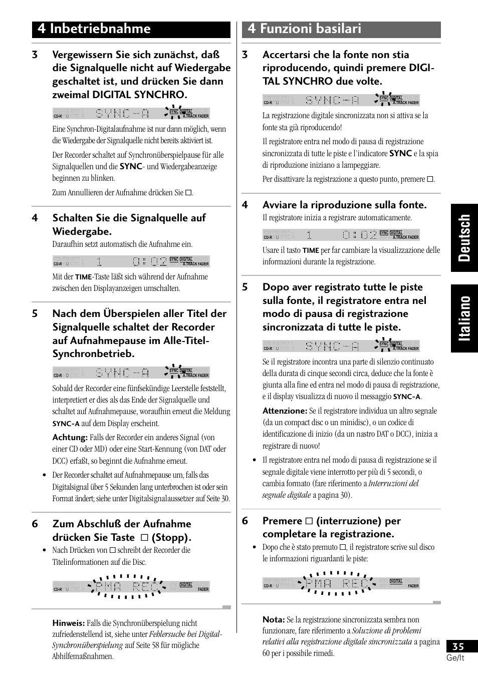 4schalten sie die signalquelle auf wiedergabe, 4avviare la riproduzione sulla fonte, Daraufhin setzt automatisch die aufnahme ein | Mit der, Usare il tasto | Pioneer PDR-L77 User Manual | Page 95 / 122