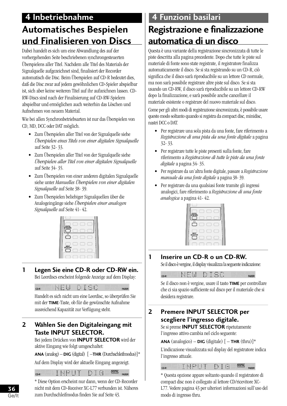 Automatisches bespielen und finalisieren von discs, 4 inbetriebnahme 4 funzioni basilari, 1legen sie eine cd-r oder cd-rw ein | 1inserire un cd-r o un cd-rw, Analog), Digital), Se il disco non è vergine, usare il tasto, Analogico), Digitale) | Pioneer PDR-L77 User Manual | Page 96 / 122