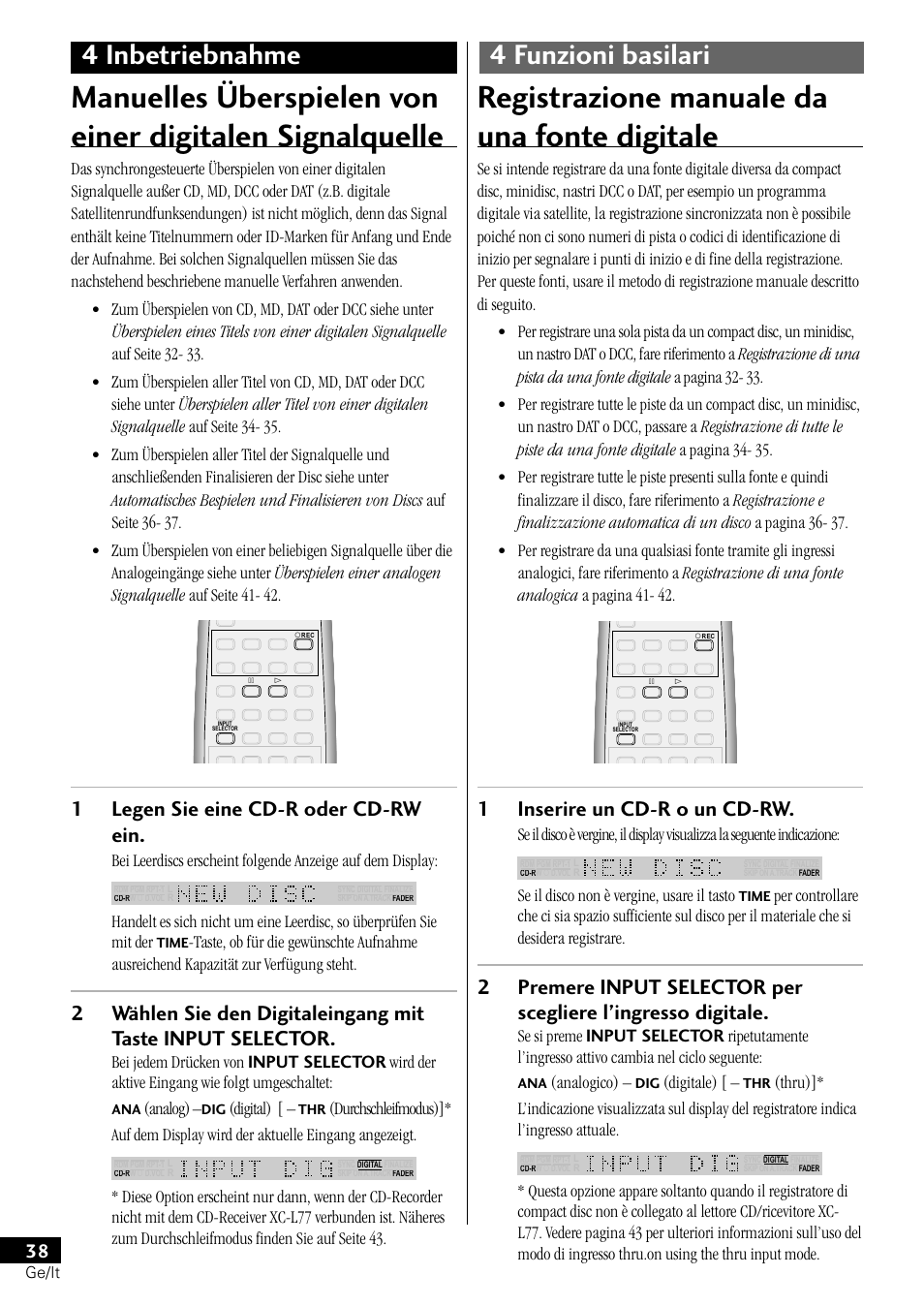 Registrazione manuale da una fonte digitale, 4 inbetriebnahme 4 funzioni basilari, 1legen sie eine cd-r oder cd-rw ein | 1inserire un cd-r o un cd-rw, Analog), Digital), Se il disco non è vergine, usare il tasto, Analogico), Digitale) | Pioneer PDR-L77 User Manual | Page 98 / 122