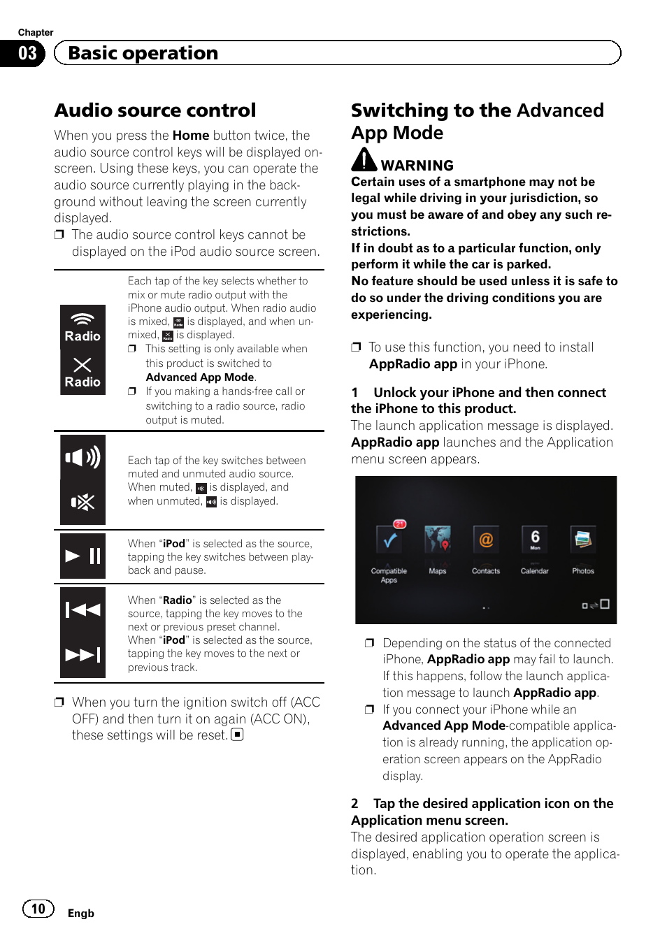 Audio source control, Switching to the advanced app mode, Switching to the | 03 basic operation | Pioneer SPH-DA01 User Manual | Page 10 / 36