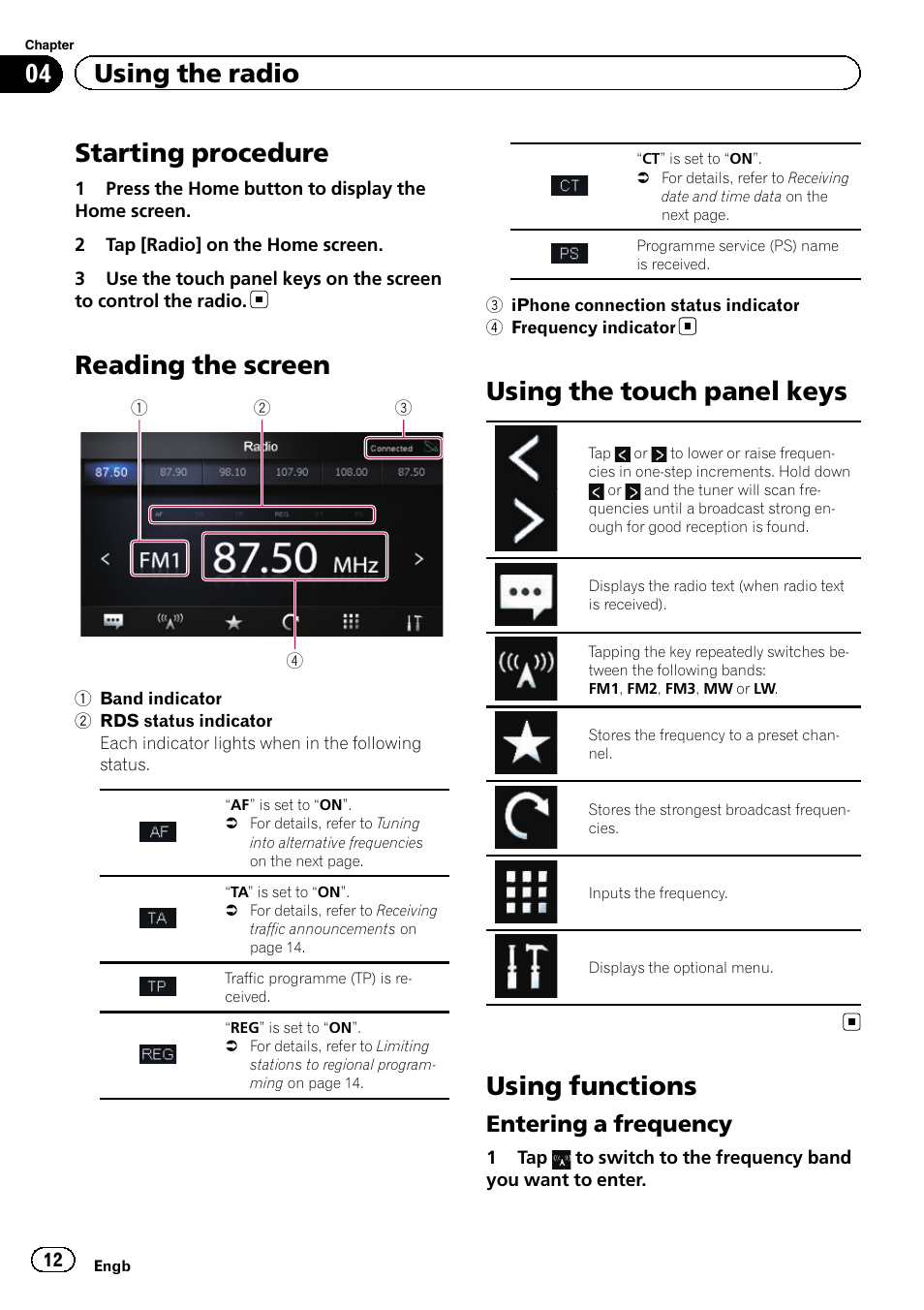 Using the radio starting procedure, Reading the screen, Using the touch panel keys | Using functions, Entering a frequency 12, Chapter 4, Starting procedure, 04 using the radio, Entering a frequency | Pioneer SPH-DA01 User Manual | Page 12 / 36