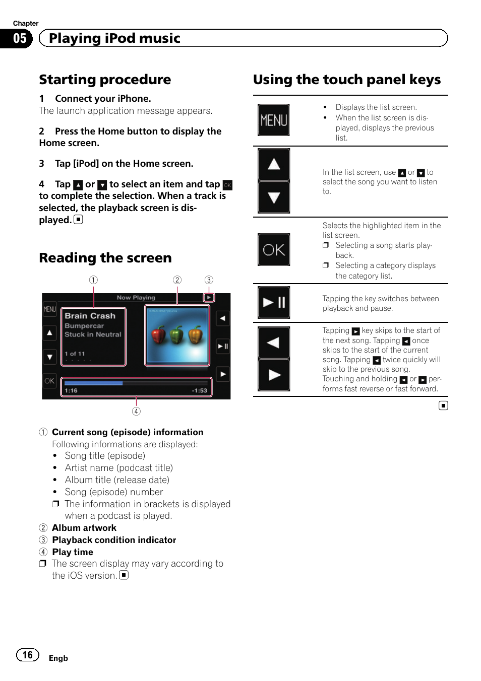 Playing ipod music starting procedure, Reading the screen, Using the touch panel keys | Chapter 5, Starting procedure, 05 playing ipod music | Pioneer SPH-DA01 User Manual | Page 16 / 36