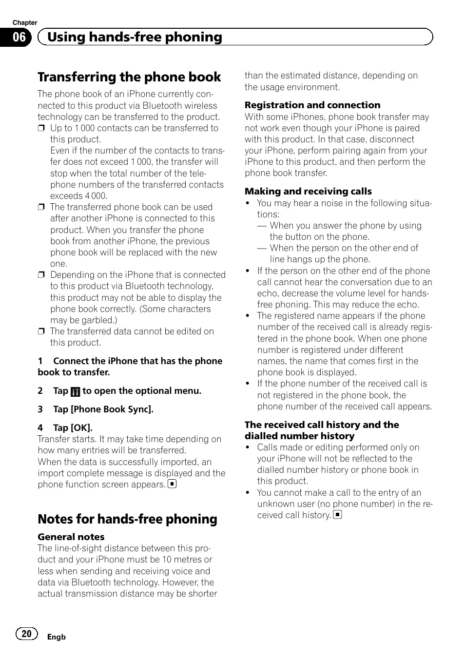 Transferring the phone book, Notes for hands-free phoning, 06 using hands-free phoning | Pioneer SPH-DA01 User Manual | Page 20 / 36