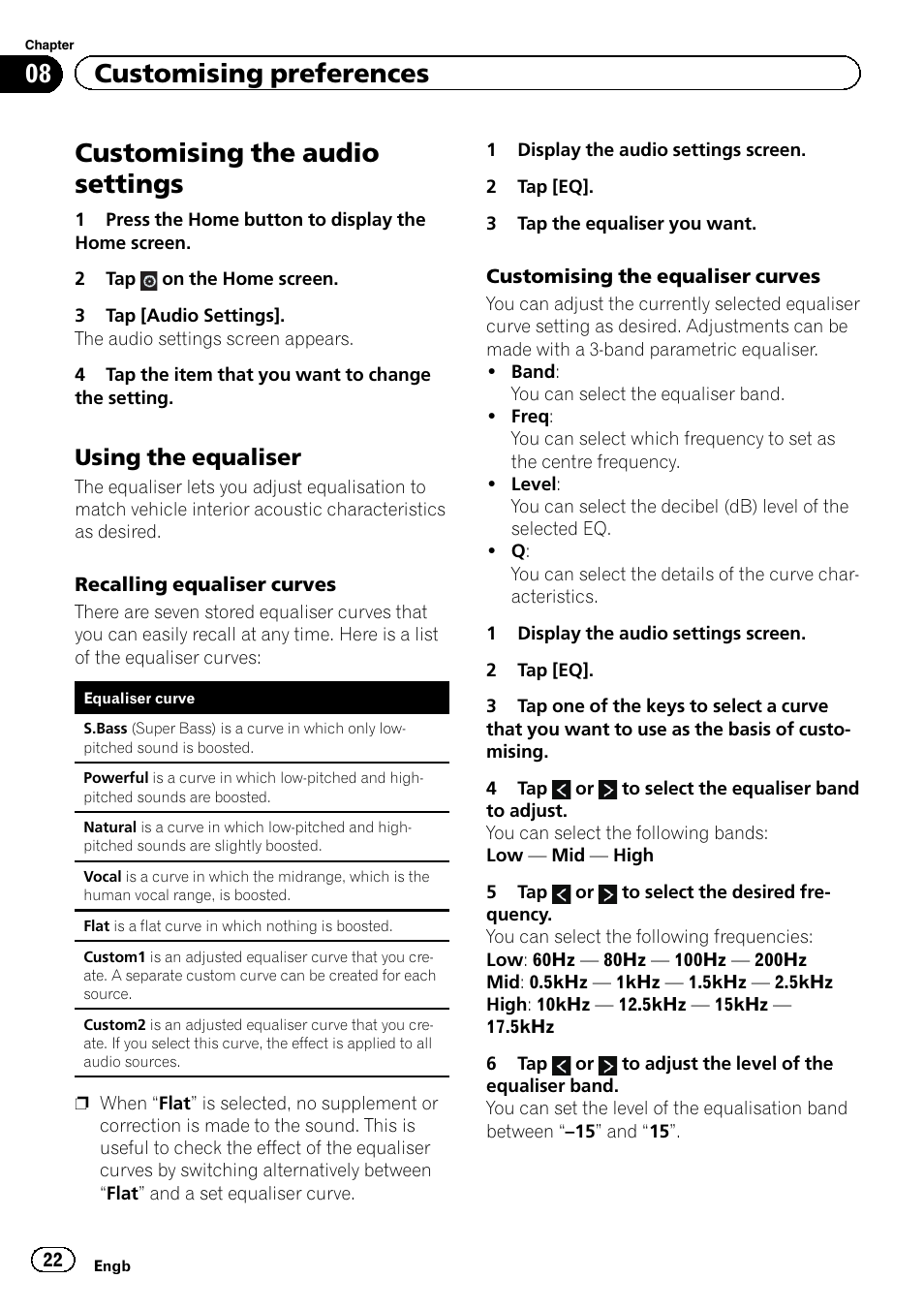 Using the equaliser 22, Chapter 8, Customising the audio settings | 08 customising preferences, Using the equaliser | Pioneer SPH-DA01 User Manual | Page 22 / 36