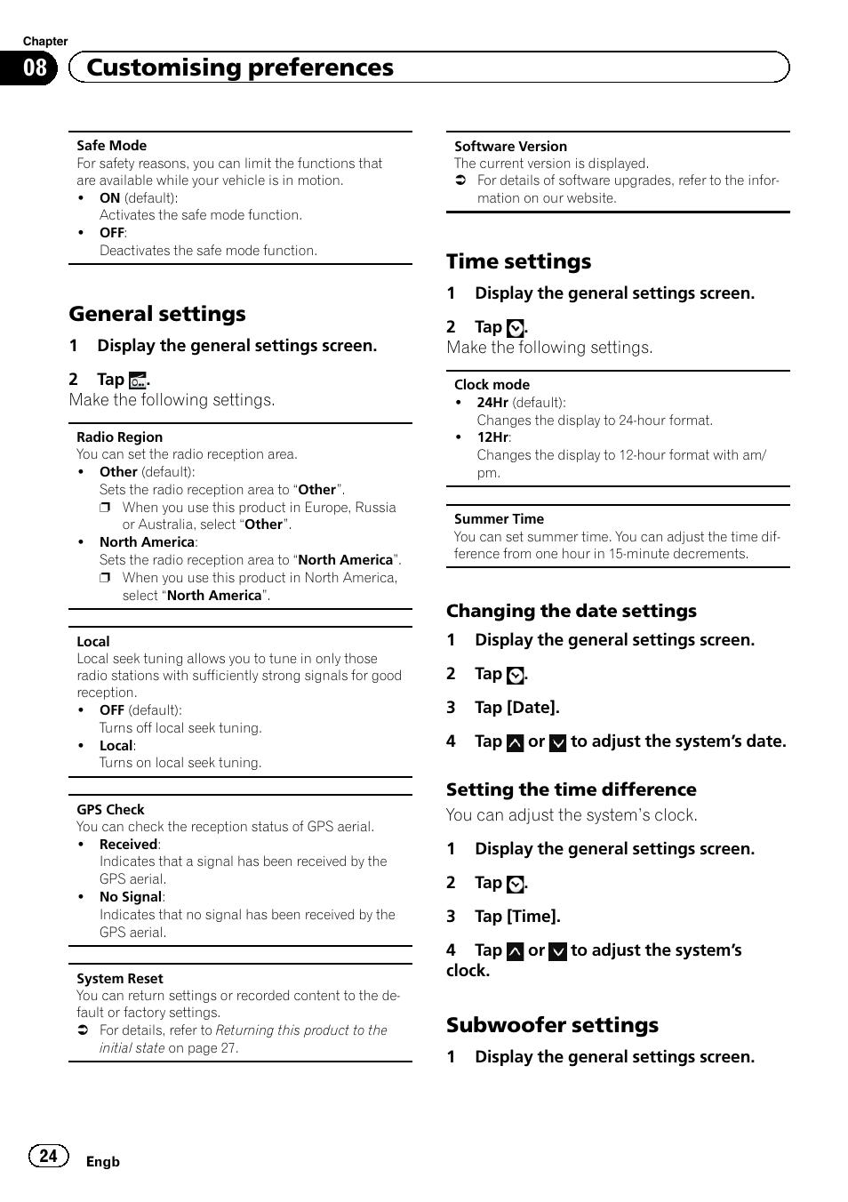 General settings 24, Time settings 24, Subwoofer settings 24 | 08 customising preferences, General settings, Time settings, Subwoofer settings | Pioneer SPH-DA01 User Manual | Page 24 / 36
