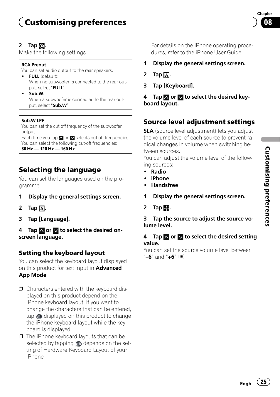 Selecting the language 25, Source level adjustment settings 25, Customising preferences | Selecting the language, Source level adjustment settings | Pioneer SPH-DA01 User Manual | Page 25 / 36