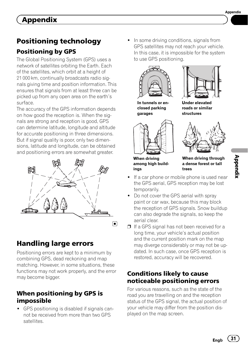 Positioning technology, Positioning by gps 31, Handling large errors | When positioning by gps is, Impossible, Conditions likely to cause noticeable, Positioning errors, Appendix, Positioning by gps, When positioning by gps is impossible | Pioneer SPH-DA01 User Manual | Page 31 / 36