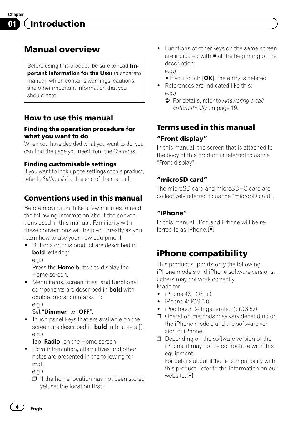 Introduction, Manual overview, How to use this manual 4 | Conventions used in this manual 4, Terms used in this manual 4, Iphone compatibility, 01 introduction | Pioneer SPH-DA01 User Manual | Page 4 / 36