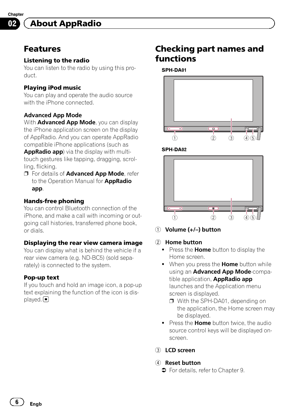 About appradio features, Checking part names and functions, Features | 02 about appradio | Pioneer SPH-DA01 User Manual | Page 6 / 36