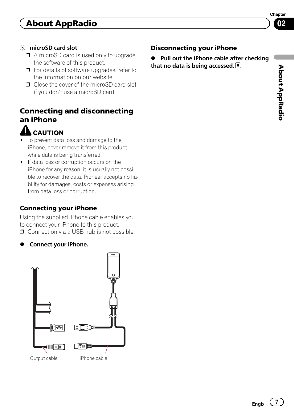 Connecting and disconnecting an, Iphone, About appradio | Connecting and disconnecting an iphone | Pioneer SPH-DA01 User Manual | Page 7 / 36