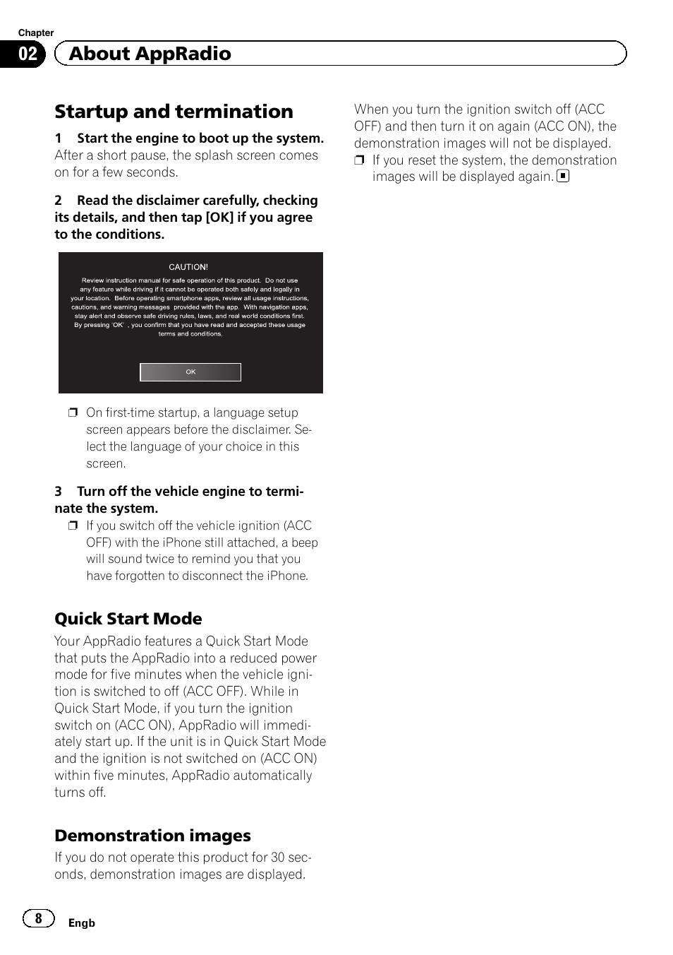 Startup and termination, Quick start mode 8, Demonstration images 8 | 02 about appradio | Pioneer SPH-DA01 User Manual | Page 8 / 36