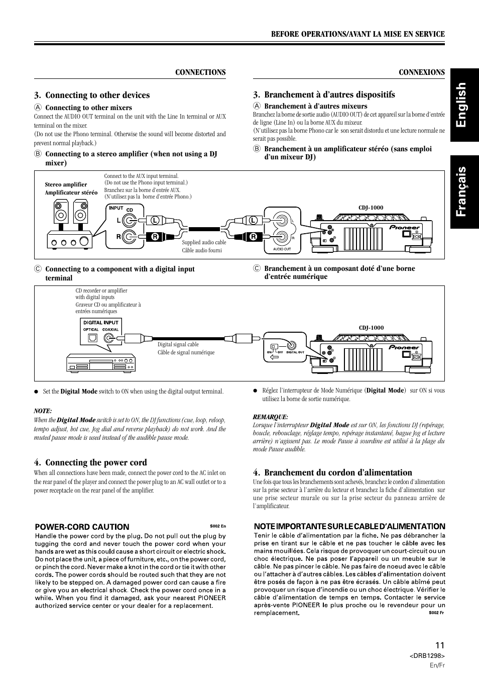 English français, Connecting the power cord, Connecting to other devices | Branchement à d’autres dispositifs, Branchement du cordon d’alimentation | Pioneer CDJ-1000 User Manual | Page 11 / 96