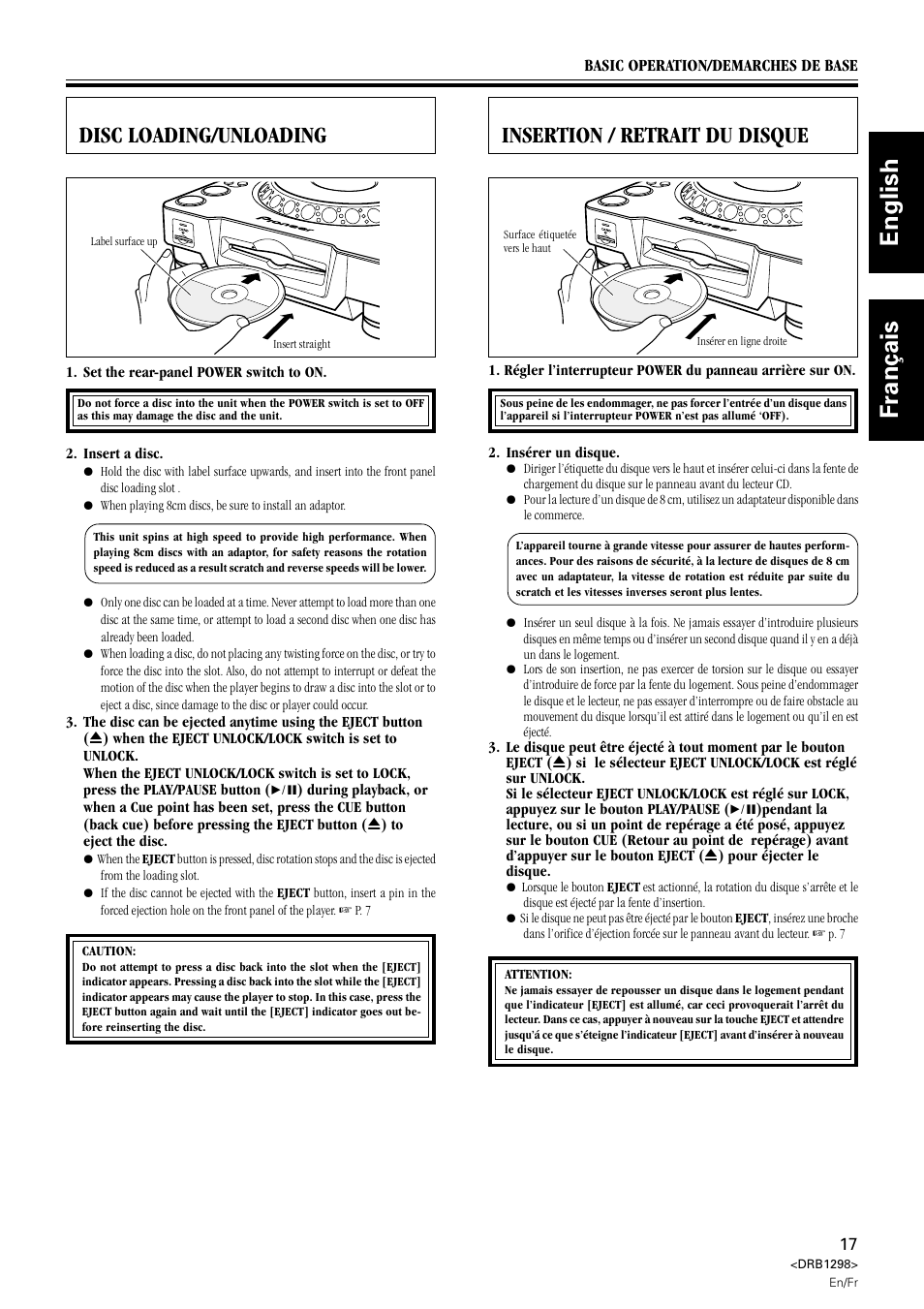 English français, Disc loading/unloading, Insertion / retrait du disque | Pioneer CDJ-1000 User Manual | Page 17 / 96