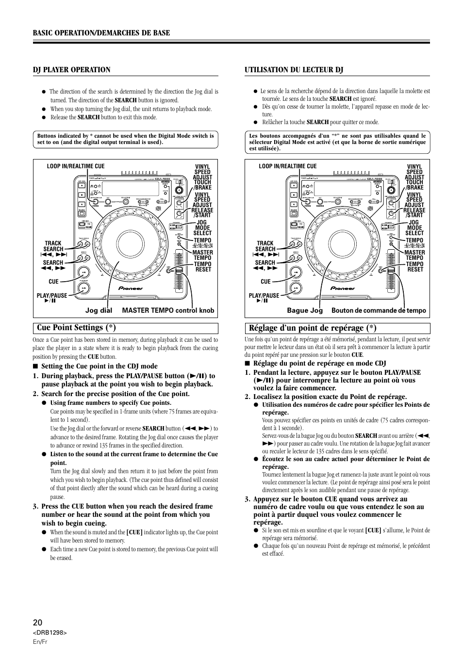 Cue point settings (*), Réglage d’un point de repérage (*), Utilisation du lecteur dj | Pioneer CDJ-1000 User Manual | Page 20 / 96